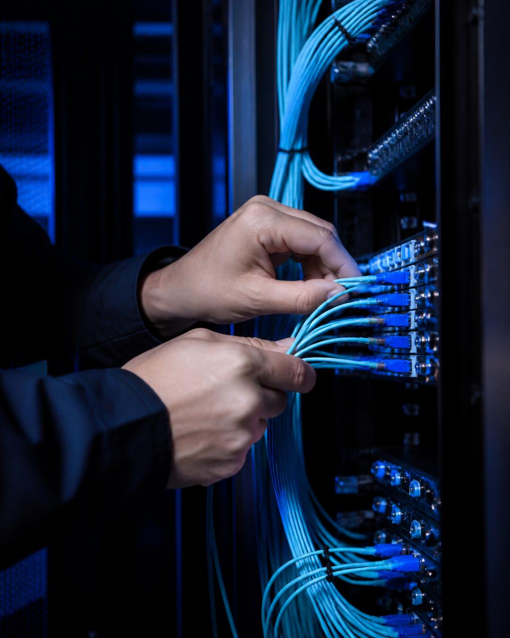 Ingeniero conectando fibra óptica en un rack