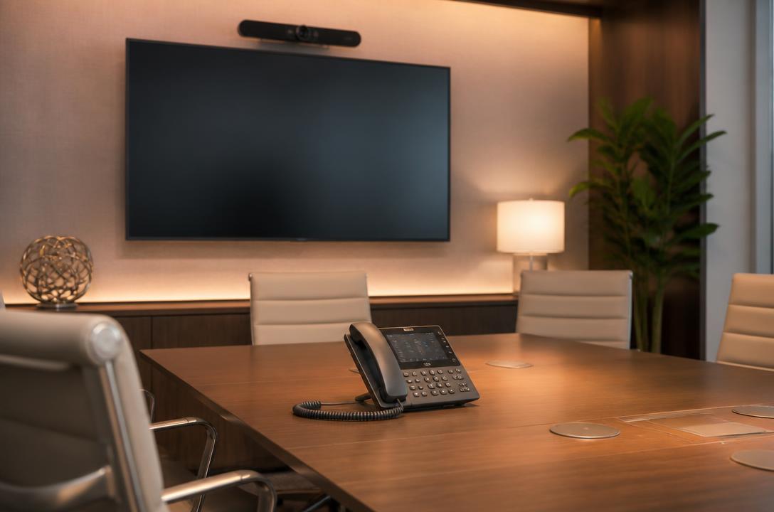 Sala de videoconferencia corporativa con teléfono IP