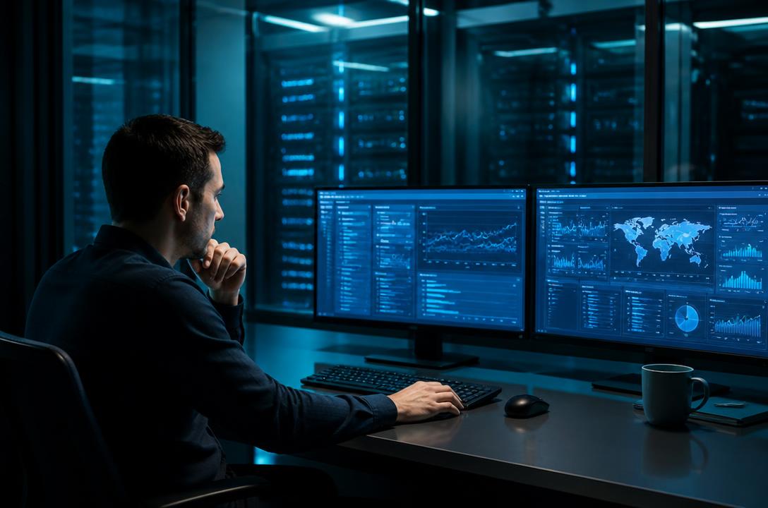 Analista de ciberseguridad monitoreando tableros de amenazas